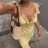 Vestido de Tirantes Floral Dulce sin Mangas Amarillo Claro Brillante con Cordones Volantes Largo Elegante Escote Bajo para Fiesta Vestidos Bodycon para Dama
