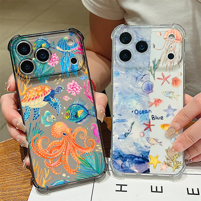 Colorful Starfish Pattern Phone Case For iPhone 17e 17 16 15 14 Pro Max 14 13 Pro 16 Clear Shockproof TPU Card Slot Pocket Cover