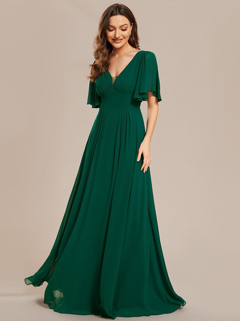 Ever-Pretty Women's Chiffon A-Line Empire Waist Floor Length V Neck Wedding Party Dress With Ruffles Sleeves