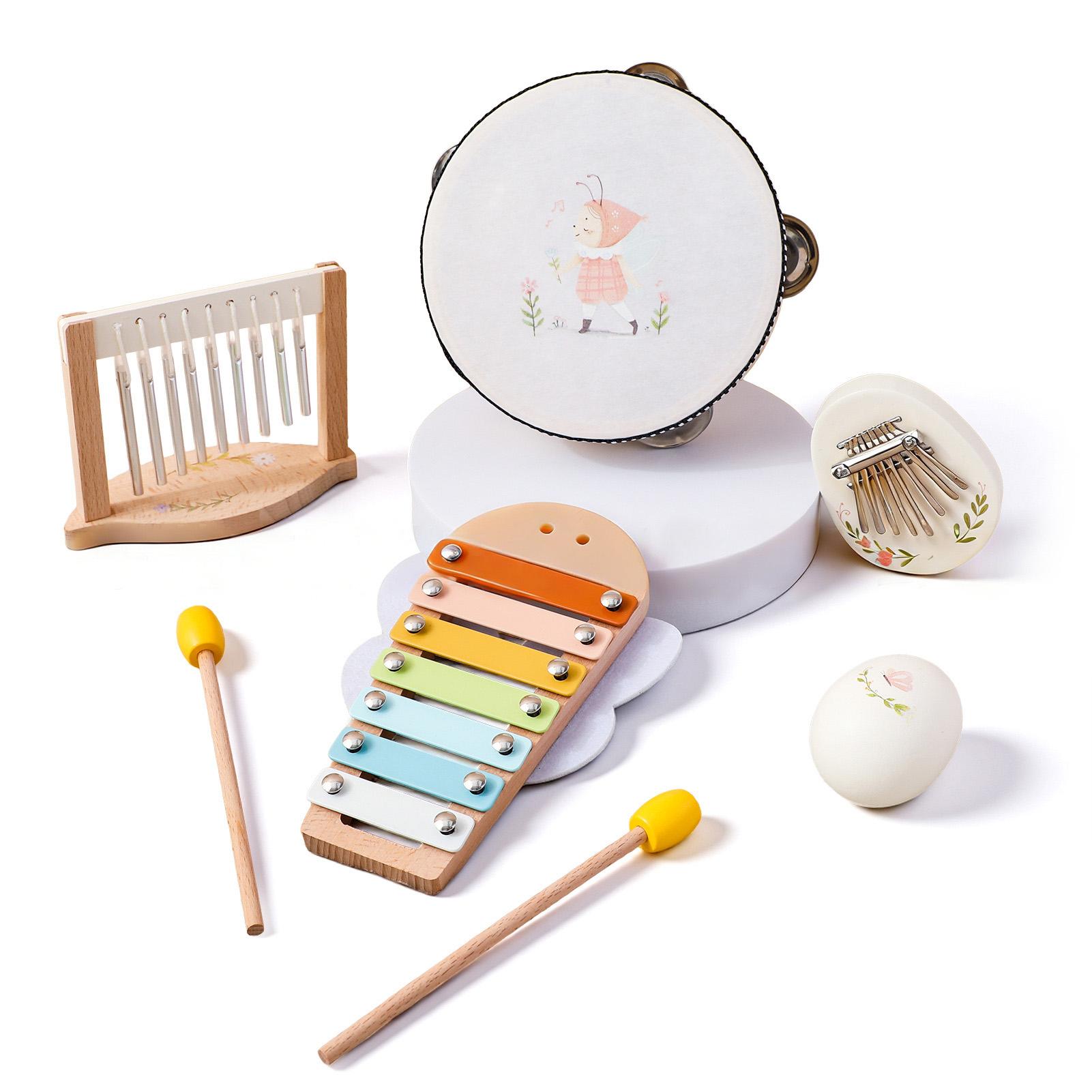 

Montessori Wooden Musical Instruments Set Wood Tambourine Xylophone Maracas Wind Chime Early Music Education Toy for
