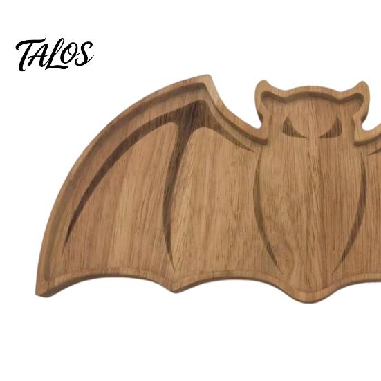 Handcrafted Wood Craft Bat-Shaped Wooden Serving Tray, Halloween Theme Snack Dessert Platter, Solid Trinket Dish Decorative Storage Plate for Jewelry