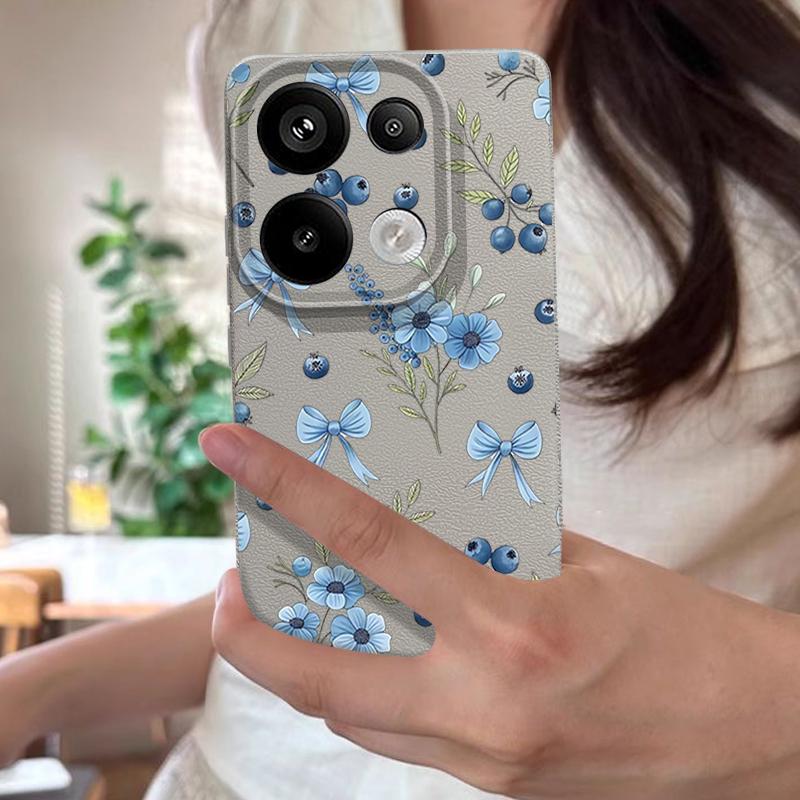 Blaubeere Schleifen Blumenmuster Hülle Für Xiaomi 14T 13T 11T Pro Funda Redmi Note 14 13 12 11 Pro 5G 4G Lederstruktur Silikonhülle