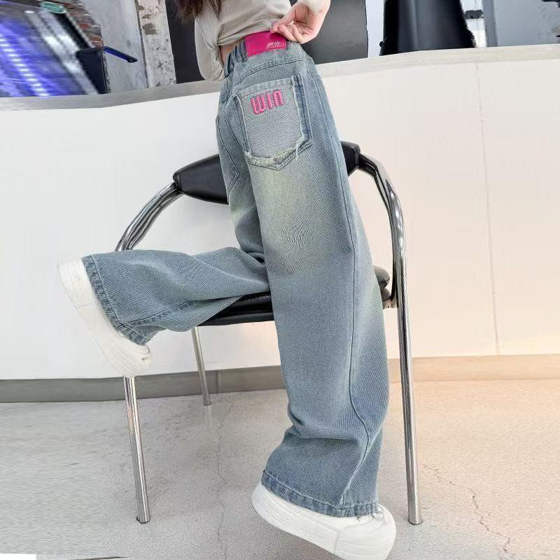 

Джинсы широкого кроя для девочек - Весенне-осенний стиль, Свободный крой, Повседневные длинные брюки 2025, Модная верхняя одежда для детей среднего и старшего возраста 120 for Height ~110cm