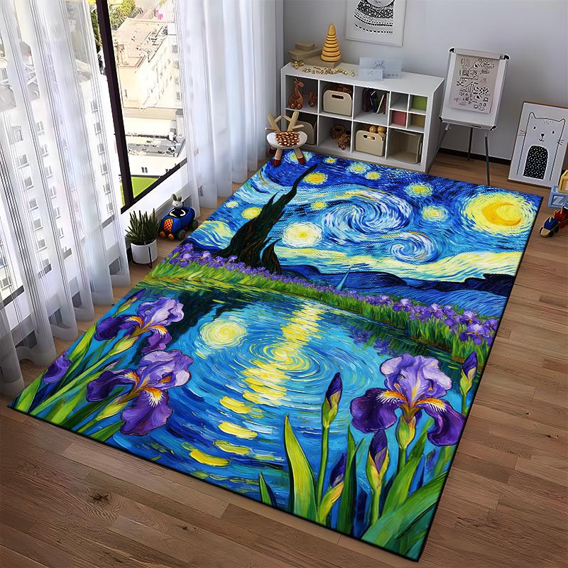 "Starry Night-Inspired Carpet with Purple Irises and Lake Scene" Suitable for use as an anti-slip for living room bedroom sofas