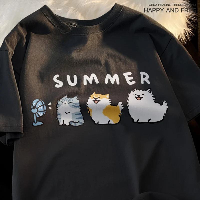 Fun and Cute Cat and Dog Pattern Men's T-shirt Loose Tshirt Vintage Top FemaleT-Shirts Hip-Hop Cool Short Sleeved