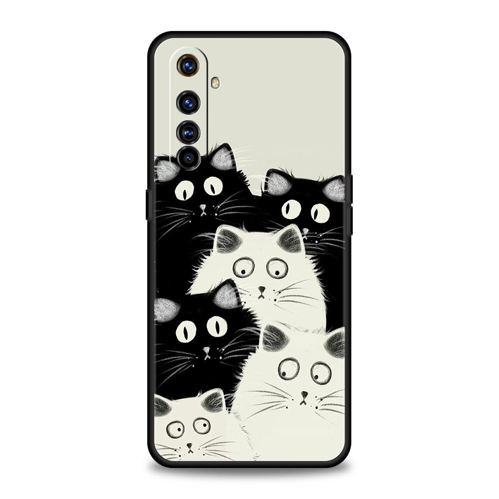 Cartoon Cat Phone Case For Realme 12 11 10 6 7 9 Pro Plus 8 5G C35 8i 9i GT2 GT3 GT5 GT Neo 2 3 5 Black Cover Soft Shell