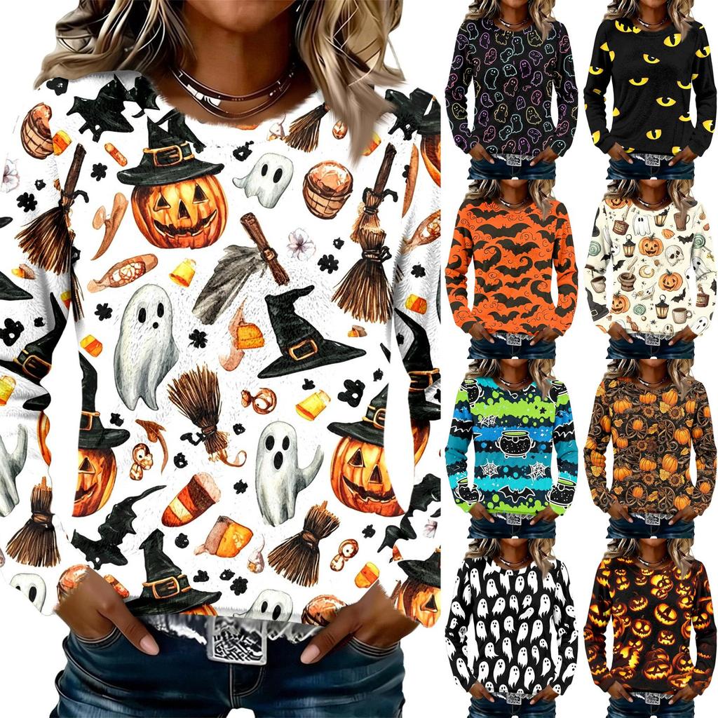 Women's Flannel Long Sleeve T-Shirt with Halloween Print Neck Casual Top