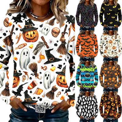 Women's Flannel Long Sleeve T-Shirt with Halloween Print Neck Casual Top