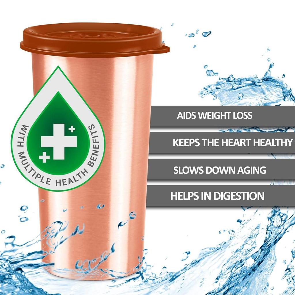 Copper Drinking Water Tumbler with Lid, Set of 2, 480 Ml Each, Copper | 100% Leak Proof | Office | Gym | Yoga | Home | Kitchen
