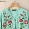 ZANZEA Women Summer V-Neck 3/4 Sleeve Loose Floral Embroidery Blouse