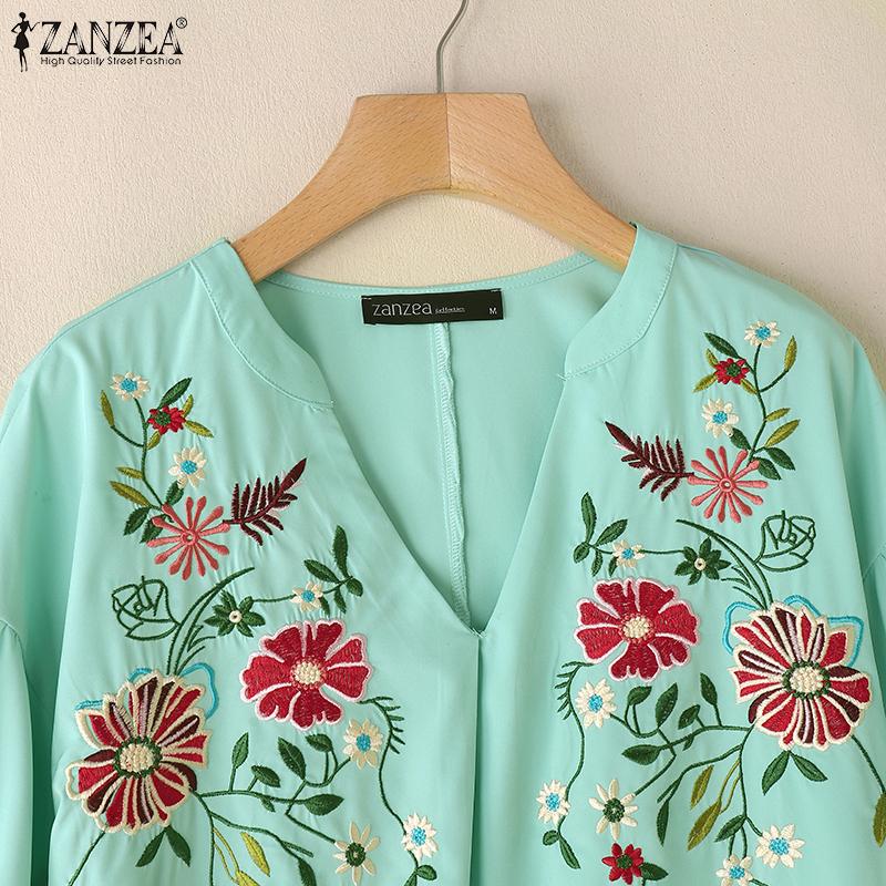 ZANZEA Women Summer V-Neck 3/4 Sleeve Loose Floral Embroidery Blouse