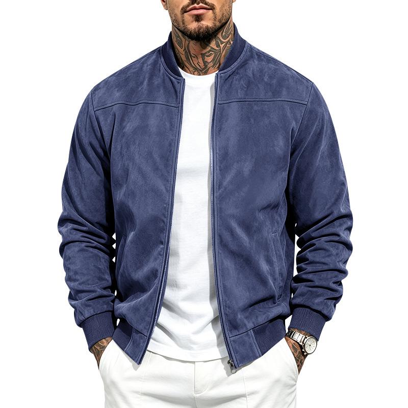 Men Faux Suede Bomber Jacket Zip‑Up Baseball Collar Casual Long Sleeve Outerwear Lightweight Fall Pilot Coat