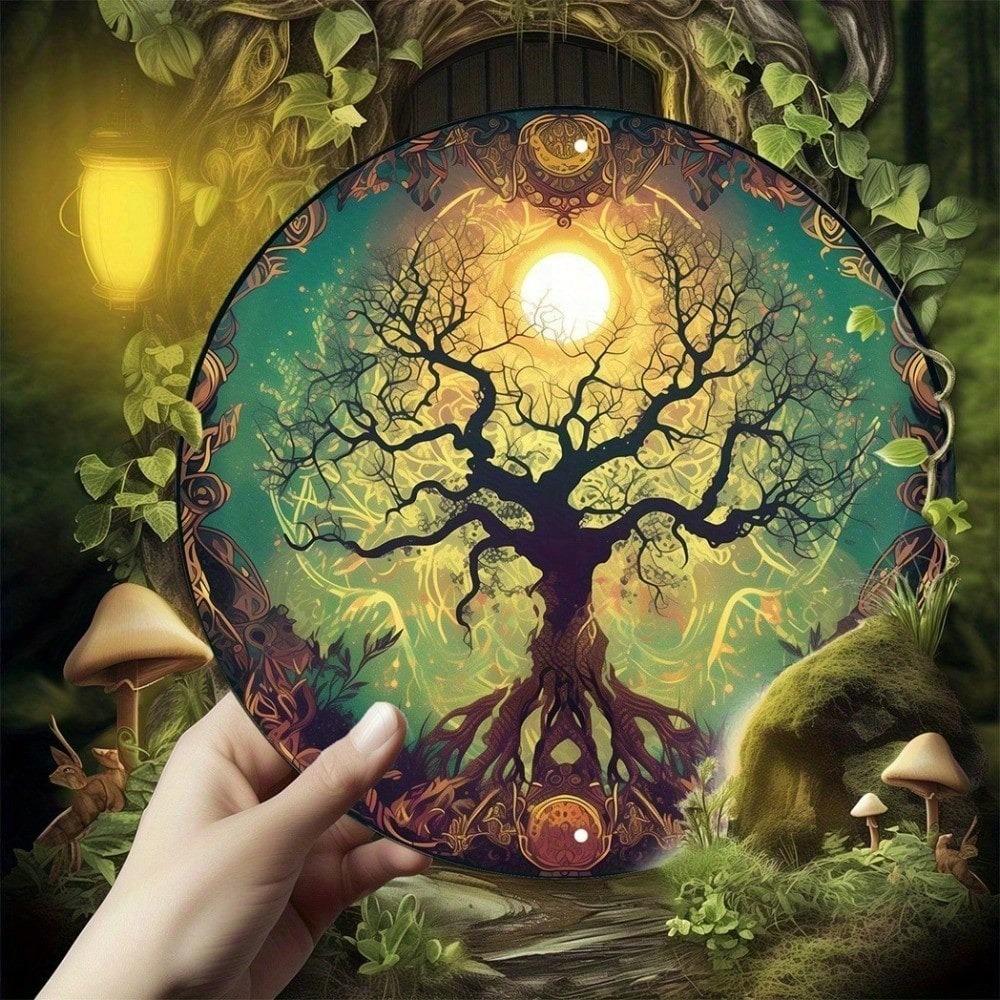 1pc Tree of Life Metal Wall Art 8x8 inch Round Golden Sun Branches Aluminum Sign for Home Garden