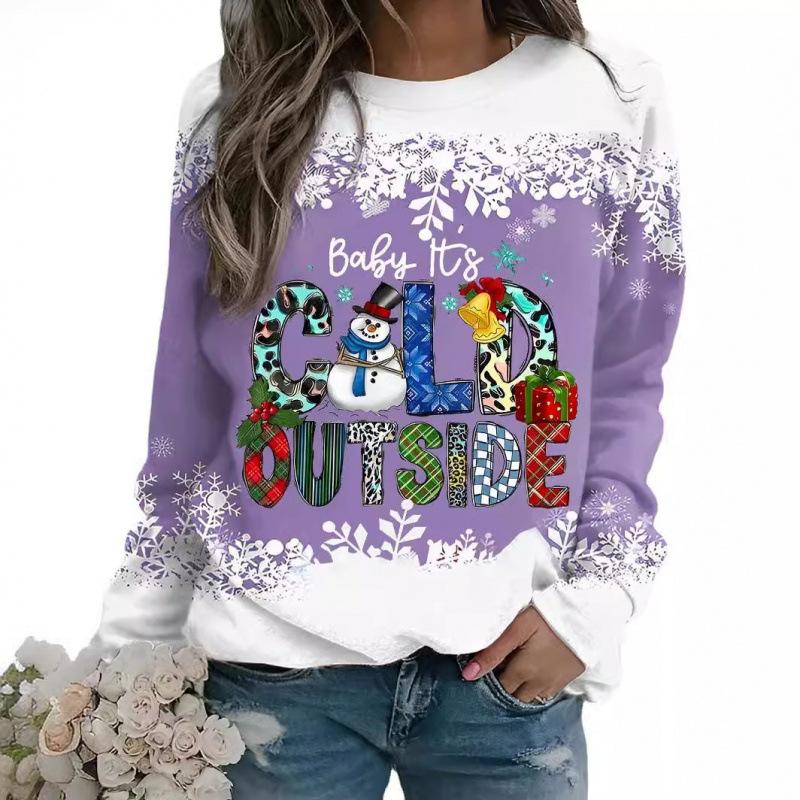 Women's Christmas 3D Printed Crew Neck Long Sleeve T-Shirt Fashion Versatile Breathable Trend Casual
