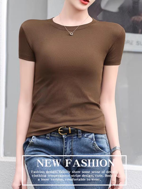 Women's Slimming Round Neck Short Sleeve T-shirt - Versatile, Breathable Solid Color for Spring/Summer