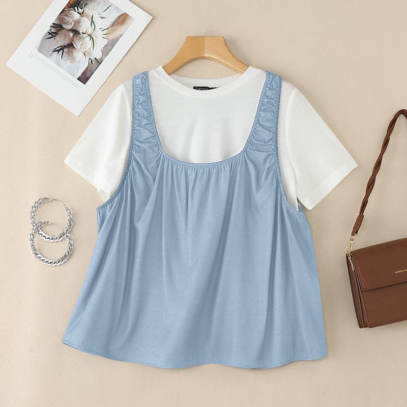 

ZANZEA Женские повседневные футболки с круглым вырезом и лоскутным дизайном, летние, с коротким рукавом XL светло-синий