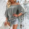 Women's Pleated Off The Shoulder Flowy Tops Sleeve Tie Knot Casual Vacation Blouse Ruched Shirts Plus Size