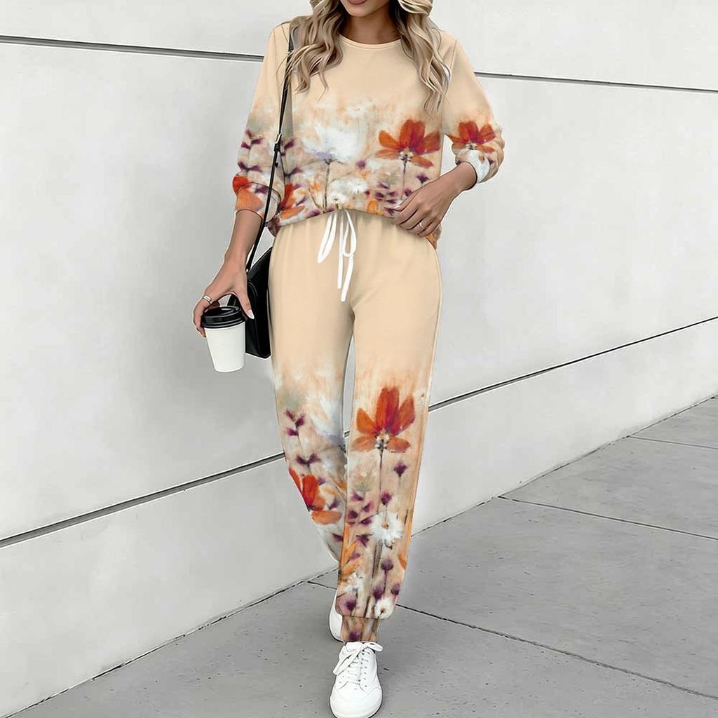 Women Floral Print Two Piece Outfit, Long Sleeve Crew Neck Top & Drawstring Jogger Pants Casual Tracksuit for Spring Autumn