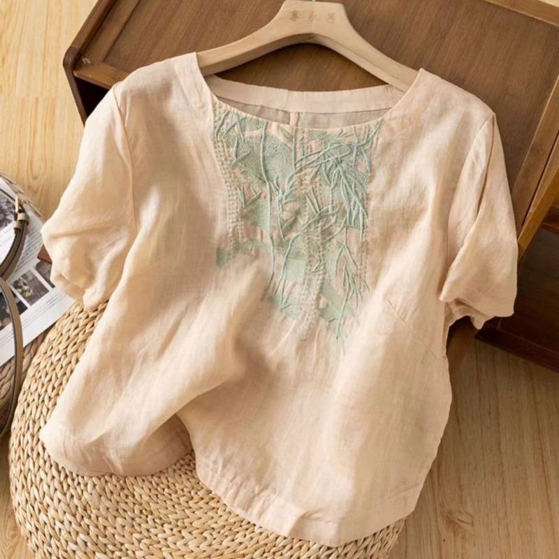 Tops d'été amples en coton lin à manches courtes pour femmes Blouse décontractée et confortable