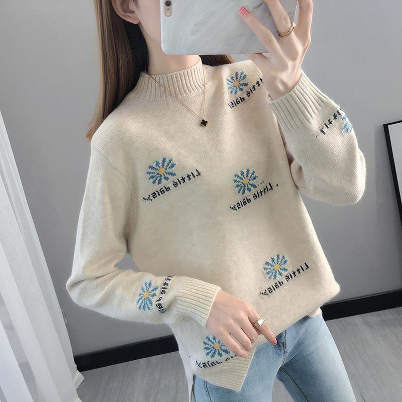 

Осінньо-зимовий жіночий светр із напіввисоким коміром, светр із вишивкою, потовщений трикотажний светр, вільний 3XL хакі