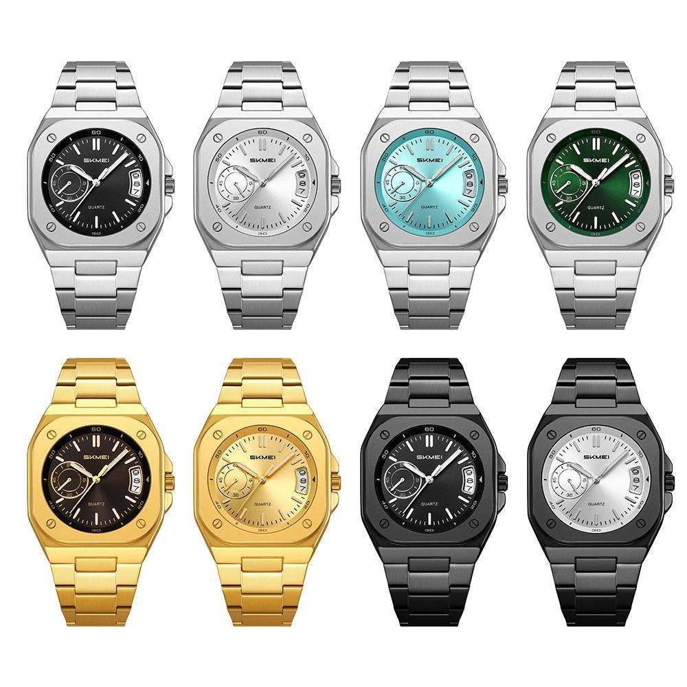 Mens Analog Quartz Wrist Watch Waterproof Luminous Dial Calendar Window Steel Band Square Dress Watches