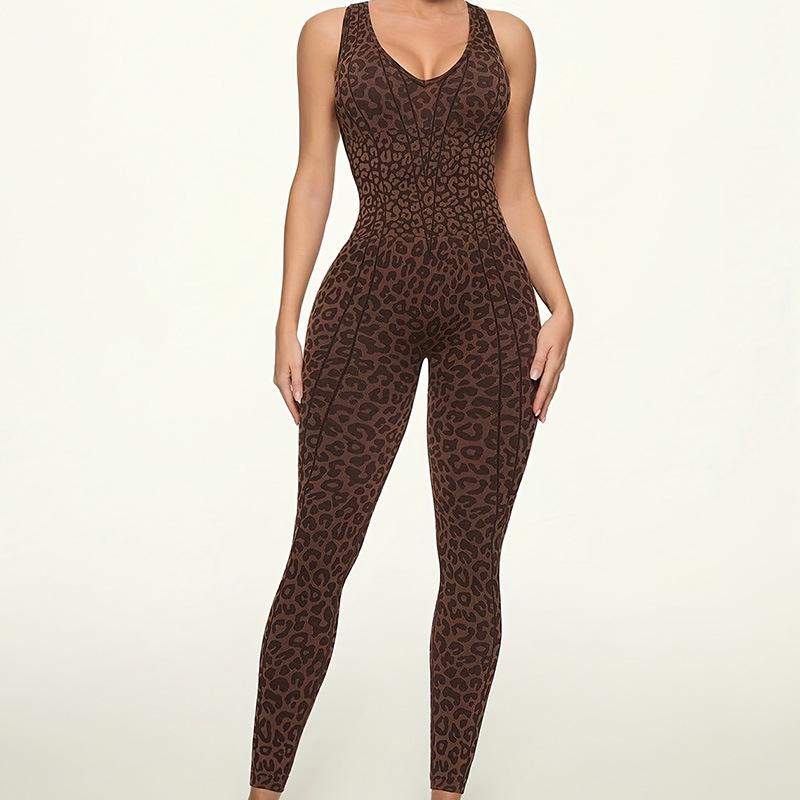 Women s Sexy Leopard Print V-Waist Backless Bodycon Halter Jumpsuit Large