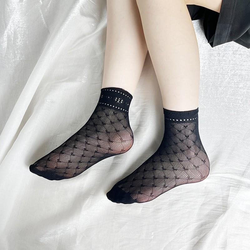 Calzini da donna in rete nera a pois con pizzo - Estivi, Sottili, Corti e Casual