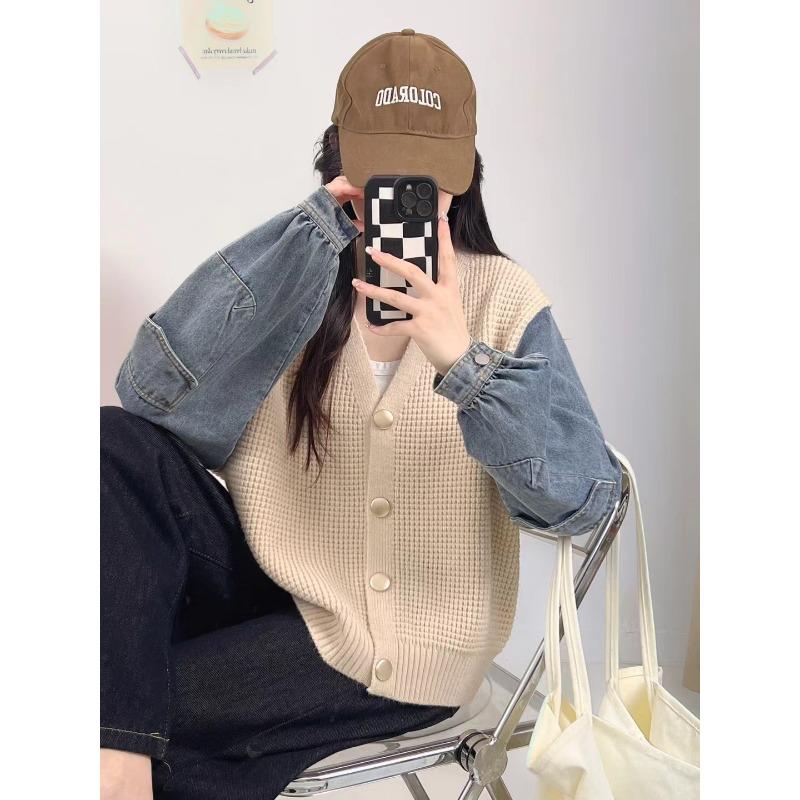 Splicing Denim Knitted Cardigan 2025 Autumn and Winter New Korean Version Loose Casual Versatile V-neck Sweater Jacket Women