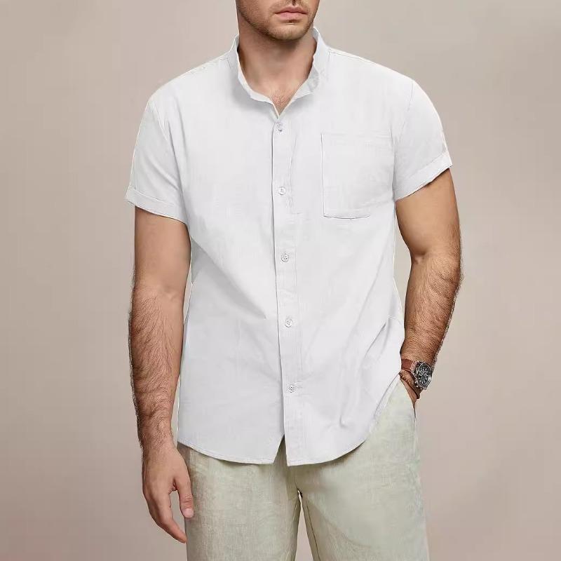 Men Stand Collar Short Sleeve Linen Shirt Full Button Down Chest Pocket Solid Casual Blouse