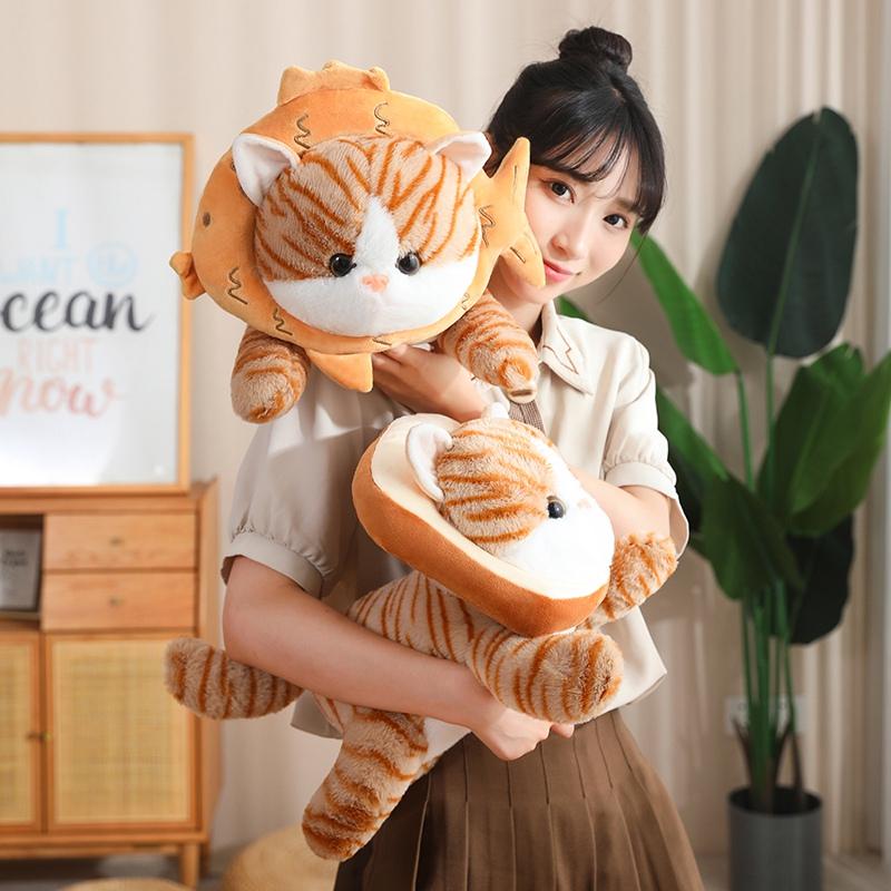 Non-Toxic Like Real Cat Doll Lying Plush Animal Toy Orange Grey Cat With Fish Bread Stuffed Peluche Decoration Gift