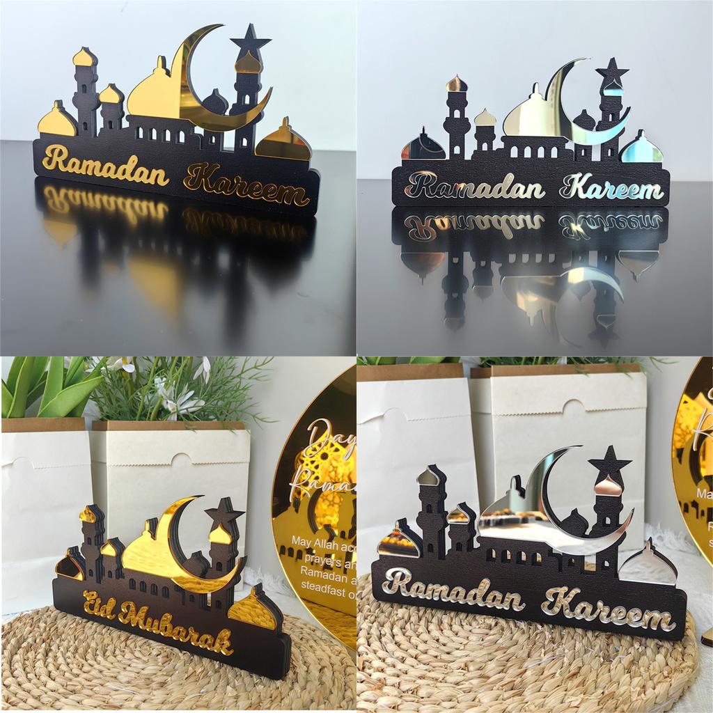 Customizable Ramadans Table Sign Acrylic Gold Silver Hollowed Castles Pattern Islamic Home for Holiday Gifting