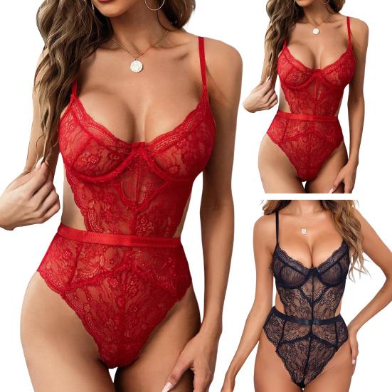 Women Sexy Bodysuit Low-cut Backless Sleeveless Thin See-through Hollow Lace Deep V Neck Spaghetti Strap Skinny Lady Wedding Night Playsuit