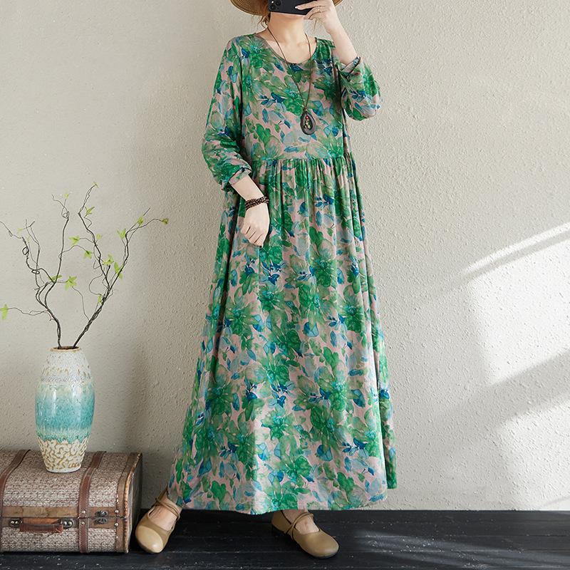 Rochie de vară cu mâneci lungi, stil floral de vacanță, stil de călătorie, guler rotund, casual, retro, cu acoperire de carne, pentru femei