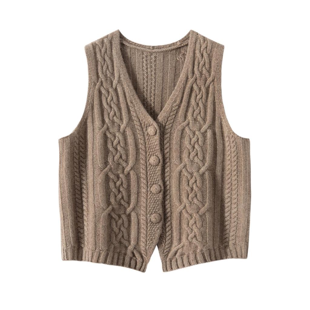 Women's 100% Pure Cashmere Thickened V-neck Cable Knit Cardigan Vest for Autumn/Winter