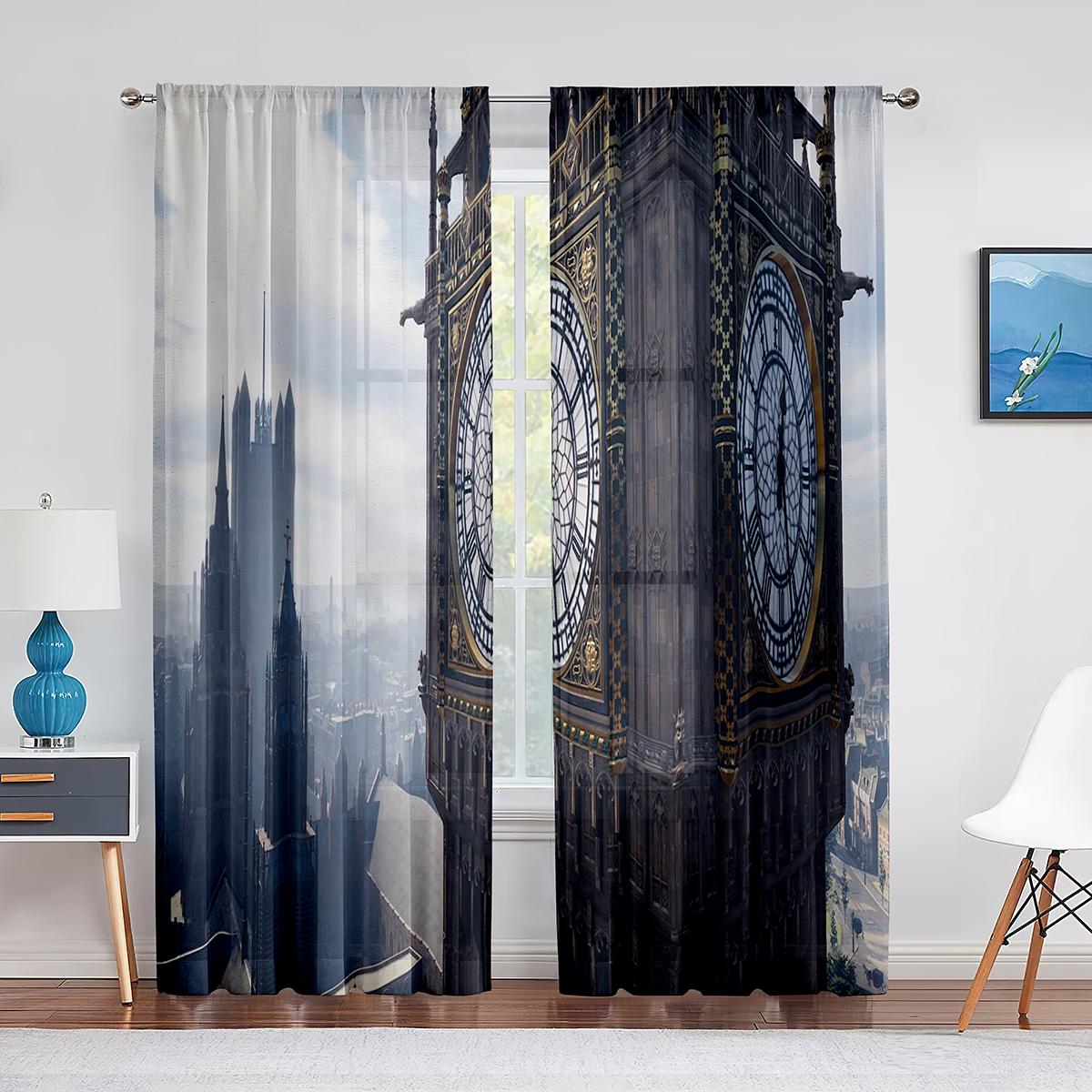 

Лондонский пейзаж знаменитый город Англия Биг Бен тюль прозрачные шторы для гостиной спальни современные вуалевые шторы украшения 1 PCS W100XH250cm&Grommet Top