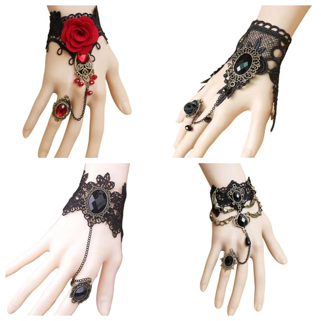 Gotisches Schwarzes Spitzenarmband und Ring Set Vintage Viktorianisches Punk Schmuck für Damen