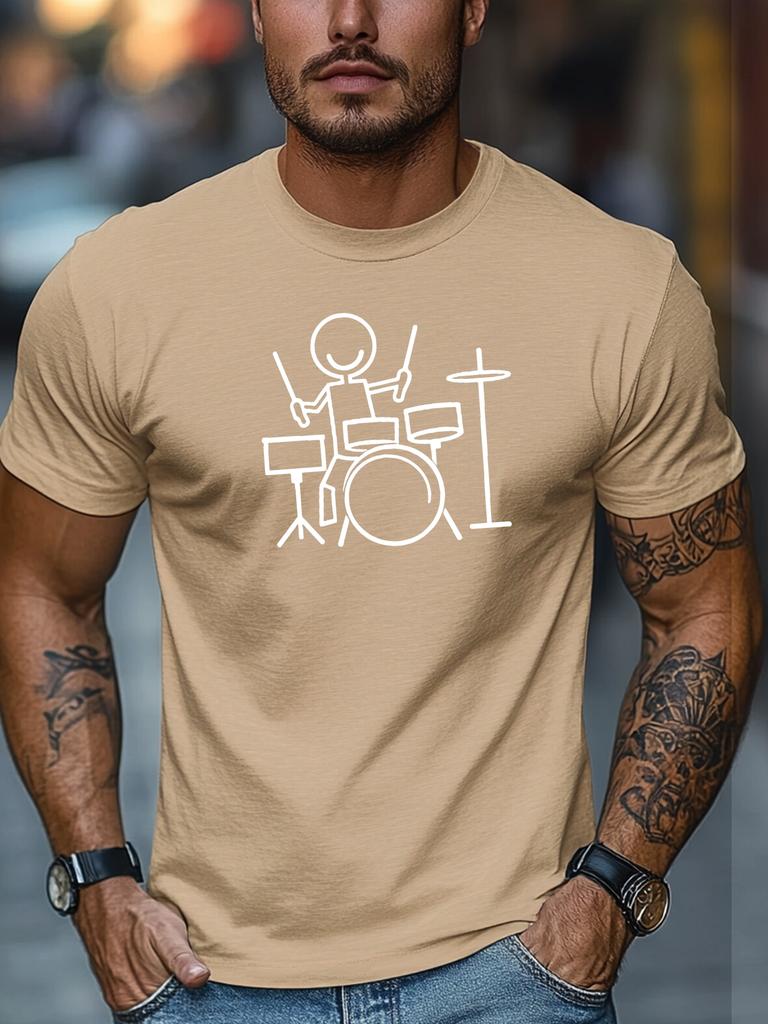 Unisex Khaki Crew Neck Tee Minimal Stick Figure Drummer Drum Kit White Line Graphic Soft Short Sleeve Rock Music Fan Loose Male Top