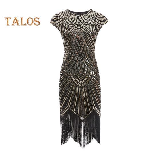 

Женское платье с пайетками, винтажное вечернее платье для выпускного вечера без рукавов с круглым вырезом и застежкой-молнией сзади с бахромой по краю, облегающее женское платье M чёрный/золотистый