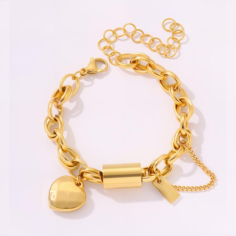 Golden Heart with Chain Women New Cuban Chain Love Bracelet Light Luxury High End Gold Bracelet Titanium Steel Bracelet