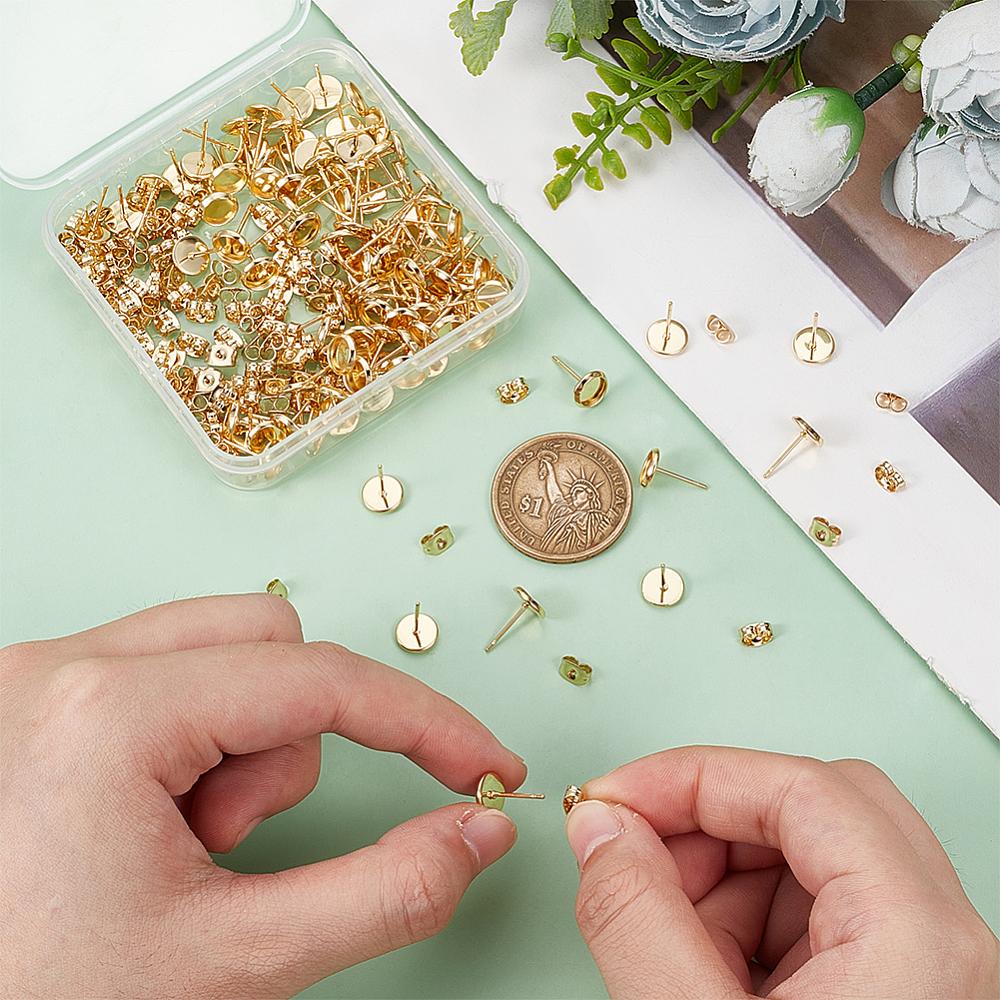 Flat Round 304 Stainless Steel Stud Earring Settings, with 304 Stainless Steel Ear Nuts, Real 18K Gold Plated, Tray: 6mm, 8x1.5mm, Pin: 0.8mm