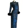 Retro New Chinese Style Autumn/Winter Velvet-Enhanced Qipao Dress - Women's Waist-Cinching Slit Long Sleeve.