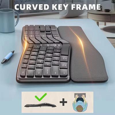 Bezprzewodowa dzielona klawiatura ergonomiczna, 2,4 Gb/s USB wielofunkcyjna klawiatura Ergo z wyściełanymi nadgarstkami i podpórką pod nadgarstki, ładowalna, czarna