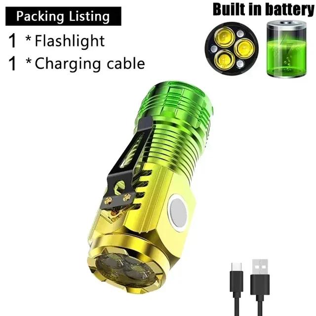 Tactical 3LED Mini Flashlight Outdoor 3 LEDs Torch Hat Clip USB Rechargeable Work Light 5 Modes for Hiking Camping Car Repair