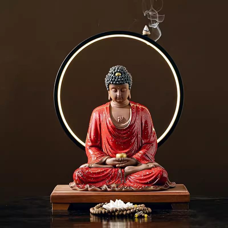 Home Decor Buddha Statue of The Great Sun Buddha Shakyamuni LED Light Circle Decorations Ornaments Backflow Incense Burner