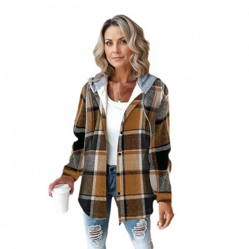 Womens Oversized Plaid Wool-Blend Coat Long Sleeve Hooded Short Outerwear Winter Casual Wear