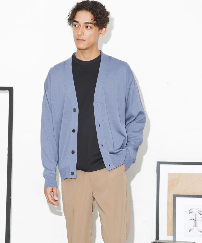 Nano Universe Tough Knit Blue Gray V-Neck Cardigan, Medium,