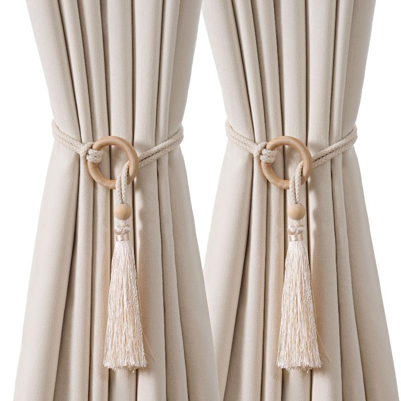 2 Piezas Chic Bohemio Cordón de Algodón Ajustable Cortina Amarre Borla - Tejido a Mano, Correa Hebilla de Cortina con Anilla de Madera