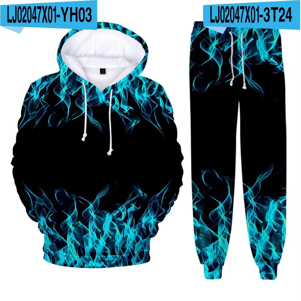 Men's Hoodie Pant Set Blue Flame 3d Print Sets Men Women Fashion Hoodie +Pants 2Pcs Sets Sports Casual Two Piece Tracksuit Suits