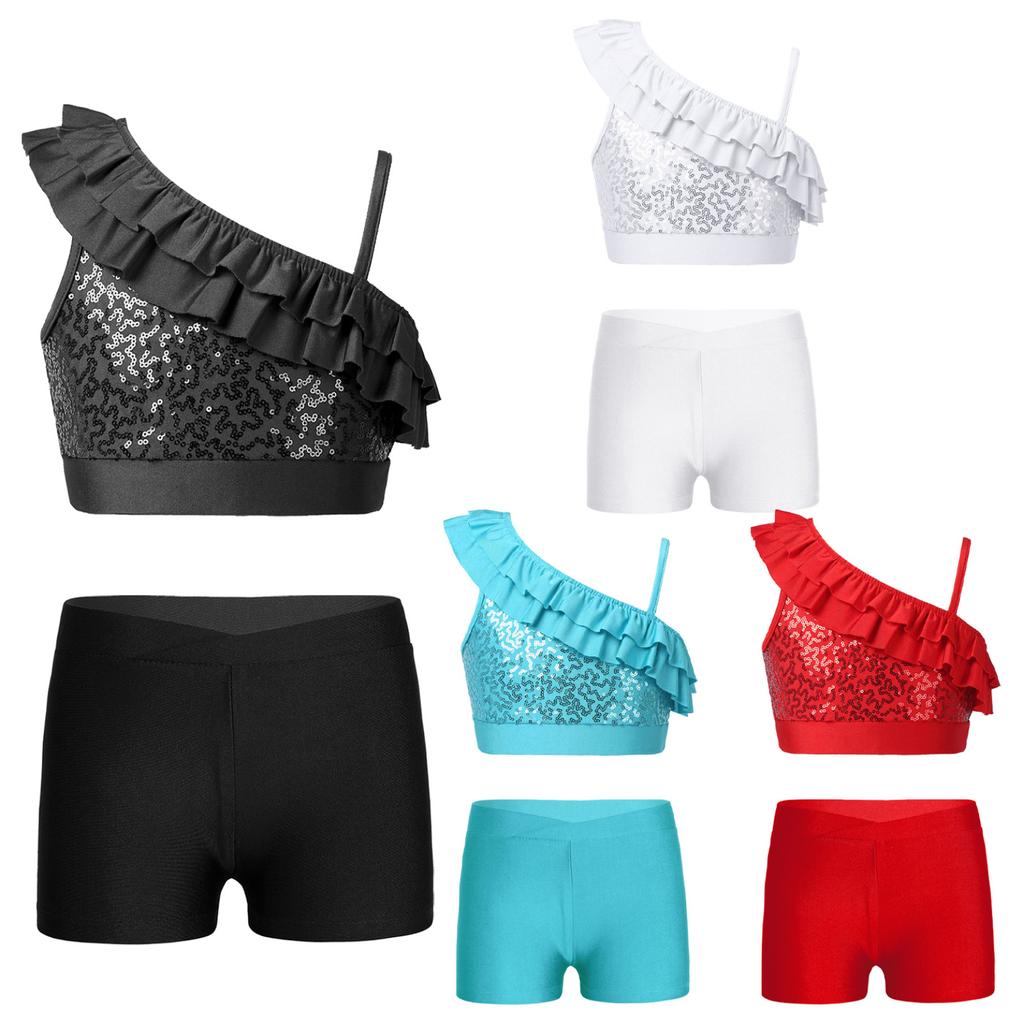 Kinder Mädchen Asymmetrisches Rüschen-Schulterträger-Pailletten-Crop-Top mit Shorts für Tanzgymnastik-Performance-Wettbewerb