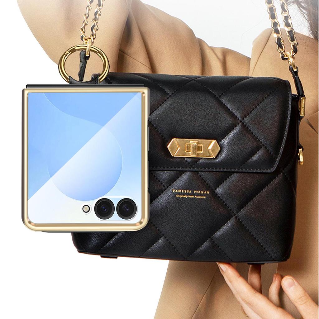 Electroplated Diamond Grid PU Leather Ring Holder Case for Samsung Z Flip7/6/5